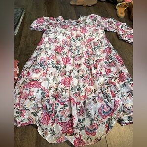 Girls White Floral Tiered Dress with Pink & Blue Flowers